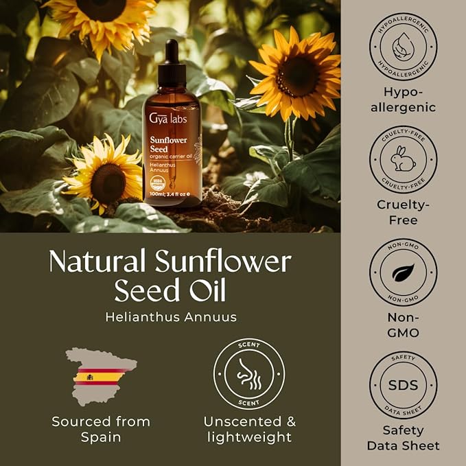 Gya Labs Organic Sunflower Oil for Skin - 100% Pure Natural Sunflower Seed Carrier Oil for Face, Hair, Scalp - Nourishing & Rejuvenating (3.4 Fl Oz)