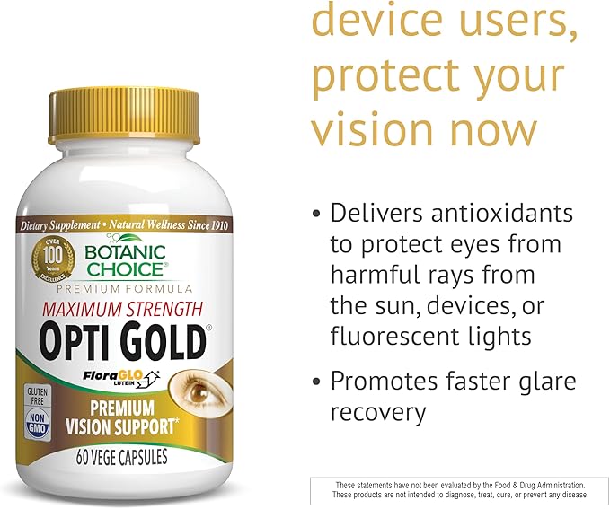 Botanic Choice Maximum Strength Opti Gold Vision Eye Health Support Supplement for Overall Eyesight Health for Men & Women - Taurine, Vitamin A, Lutein, Bilberry, Alpha Lipoic Acid (60 Capsules)