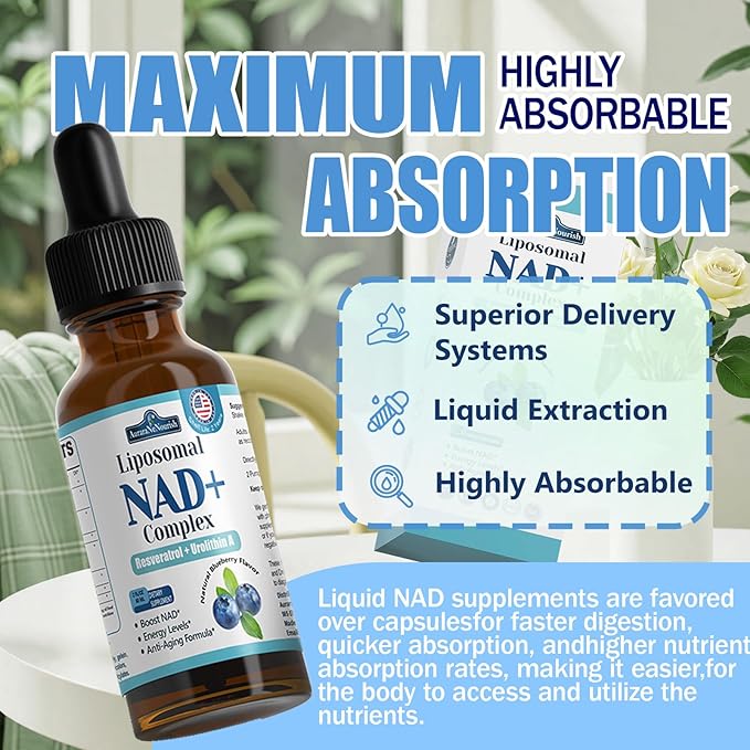Liposomal NAD+ Liquid Drops, 8-in-1 NAD⁺ Nicotinamide Riboside Resveratrol 900mg w. Quercetin & Urolithin A | Fast Absorption NAD+ Supplement with CoQ10, ALA| Cellular Energy, Anti-Aging, Vitality