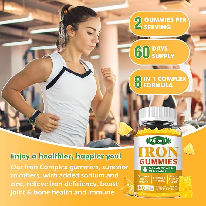 2 Pack Iron Gummies for Women & Men - Vegan Iron Supplement for Anemia & Iron Deficiency, with Vitamin B12, Vitamin C, Zinc, Folate - Energy Boost, Sugar-Free, Pineapple Flavor, 120 Count