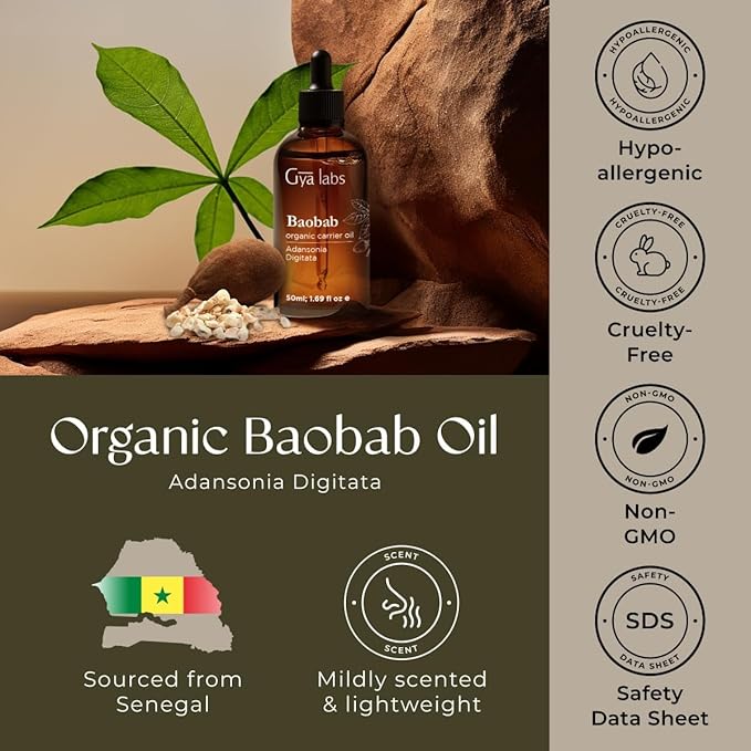 Gya Labs Organic Baobab Oil for Hair, Skin & Face - 100% Pure Natural Baobab Seed Carrier Oil - Comforting & Nourishing (1.69 Fl Oz)