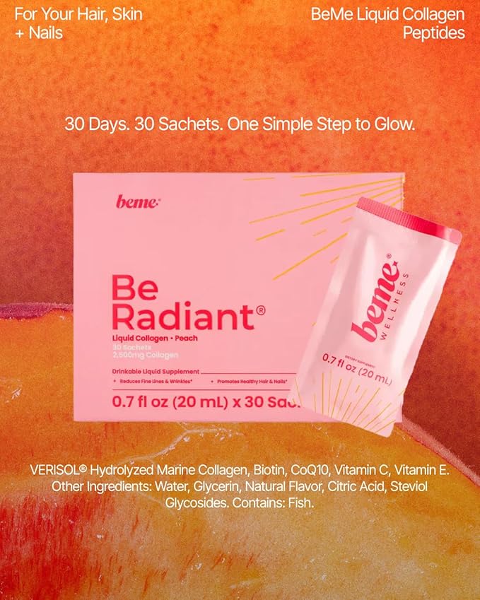 BeMe BeRadiant Liquid Collagen Peptide for Hair, Skin & Nails with 2X Faster Absorption – Clinically Tested – 2500mg Verisol® Hydrolyzed Collagen Supplements for Women with Biotin, CoQ10 & Vitamin C