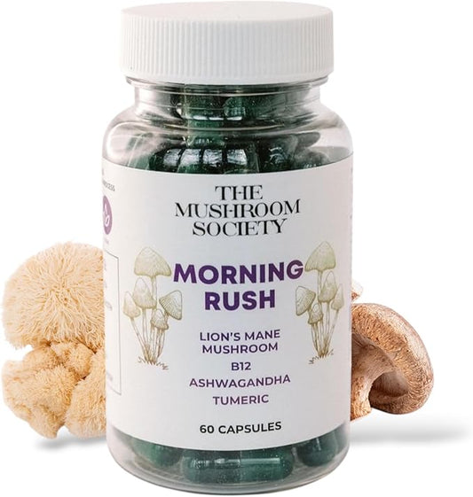 Morning Rush - Lion’s Mane, Ashwagandha, Turmeric & B12 Extract Blend Supplement - Focus & Energy Support - 60 Vegan Capsules