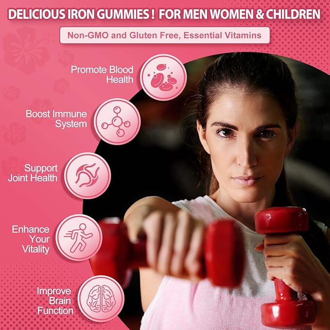 Iron Gummies Vitamin Supplement 65mg & Vitamin C 250mg per Serving with B6 B12 Folate- Energy Support for Iron Deficiency, Anemia, Vegan Guava Hibiscus Flavor, 60 Count