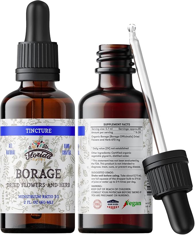 Borage Liquid Extract, Organic Borage Tincture (Borago Officinalis) Herbal Supplement, Non-GMO in Cold-Pressed Organic Vegetable Glycerin 700 mg, 2 oz (60 ml)