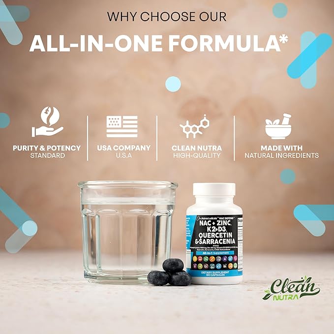 Clean Nutraceuticals NAC Supplement N-Acetyl Cysteine Vitamin D3 K2 Zinc Quercetin Sarracenia Purpurea with Elderberry Holy Basil Bee Propolis Bromelain L-Lysine (2)