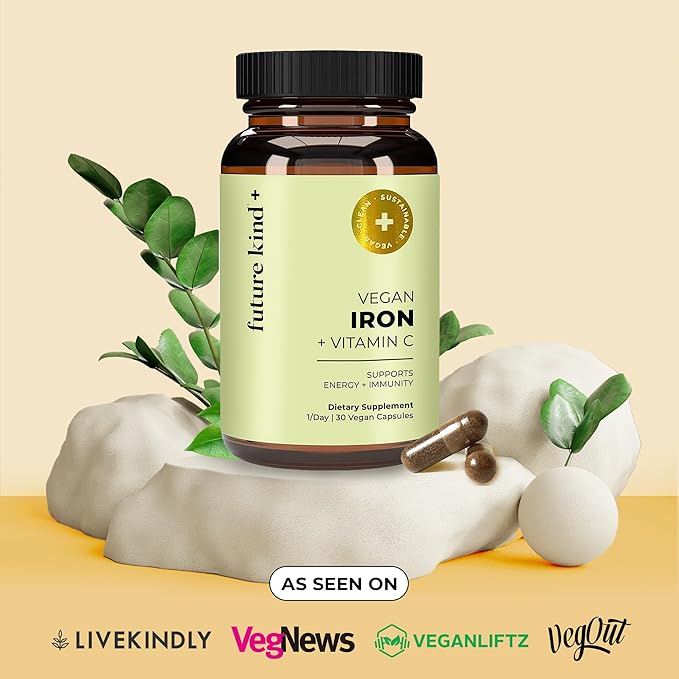 Future Kind Vegan Iron Supplement for Men & Women with Vitamin C for Energy, Focus and Immunity Support - 30-Day Supply, One Capsule a Day (30ct in Glass Bottle)
