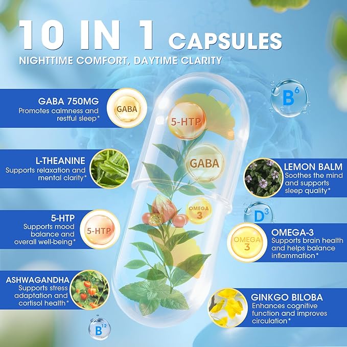 GABA Supplements 750mg with L Theanine, 5HTP, Ashwagandha, Lemon Balm, Ginkgo Biloba, Omega-3, 10 in 1 GABA Calm Capsules for Sleep, Relaxation, Focus, Mood Support, Cortisol Balance - 60CT