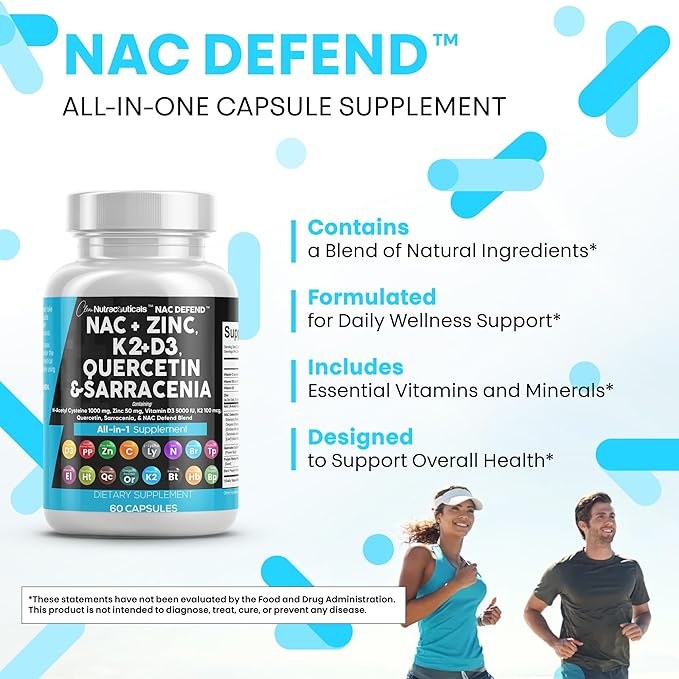 NAC Supplement N-Acetyl Cysteine Vitamin D3 K2 Zinc Quercetin Sarracenia Purpurea Immune Support | Elderberry Holy Basil Bee Propolis Bromelain L-Lysine Capsules Supplements For Women Men Adults
