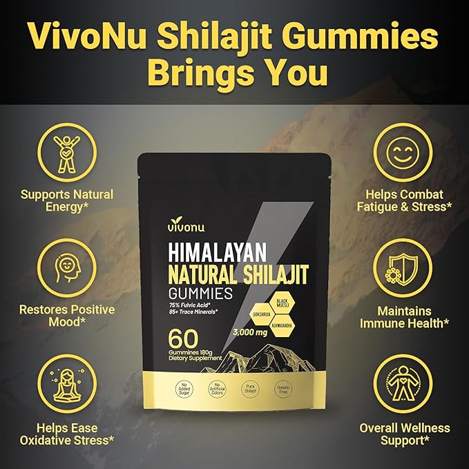 Himalayan Shilajit Gummies with Ashwagandha & Gokshura | 85+ Trace Minerals & Fulvic Acid | Organic, Non-GMO Micronutrient Supplement for Men & Women | 100% Pure & Natural