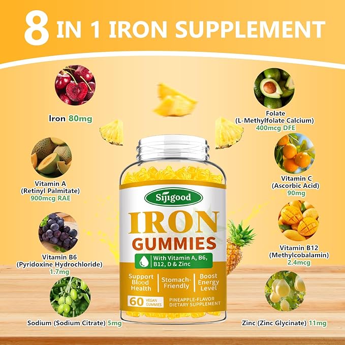 2 Pack Iron Gummies for Women & Men - Vegan Iron Supplement for Anemia & Iron Deficiency, with Vitamin B12, Vitamin C, Zinc, Folate - Energy Boost, Sugar-Free, Pineapple Flavor, 120 Count