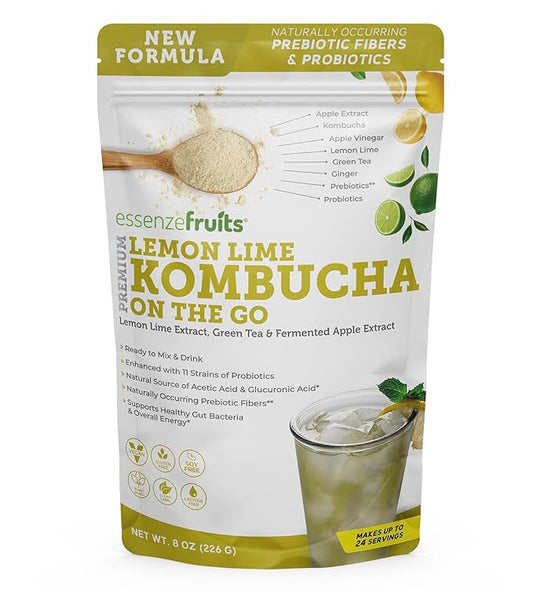 Essenzefruits Lemon Lime Ginger Kombucha Powder Tea Mix Beverage - Sugar Free, Fermented & Dried - Just Add Water! Live Probiotics & Prebiotic Blend, Vitamin C - Makes up to 30 Cups (8 Oz, 226g)