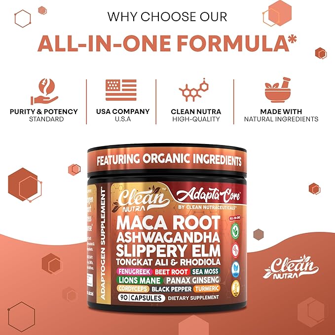 Clean Nutra AdaptaCore, Organic Maca Root Complex with Ashwagandha, Slippery Elm, Fenugreek, 90 Vegan Capsules