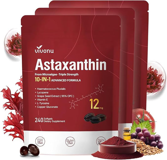 Astaxanthin 12mg, 720 Softgels, Fresh Haematococcus Pluvialis 10 in 1 Astaxanthin Antioxidant Supplements, Contains Lycopene, Grape Seed, Vitamin E, & More Supports Eye, Joints, Skin Health, 3 Bag