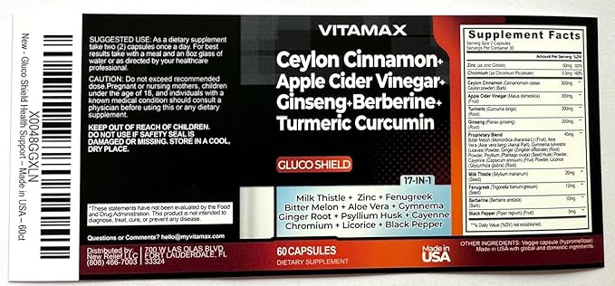 Ceylon Cinnamon, Apple Cider Vinegar, Turmeric - Gluco Health Support - Panax Ginseng, Berberine, Bitter Melon Milk Thistle Fenugreek - Non GMO – Made in USA – 60ct