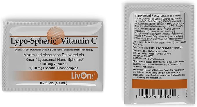 LivOn Laboratories Lypo–Spheric Vitamin C – 1,000 mg Vitamin C & 1,000 mg Essential Phospholipids Per Packet – Liposome Encapsulated for Improved Absorption – Non–GMO(2 Cartons,60 Packets)
