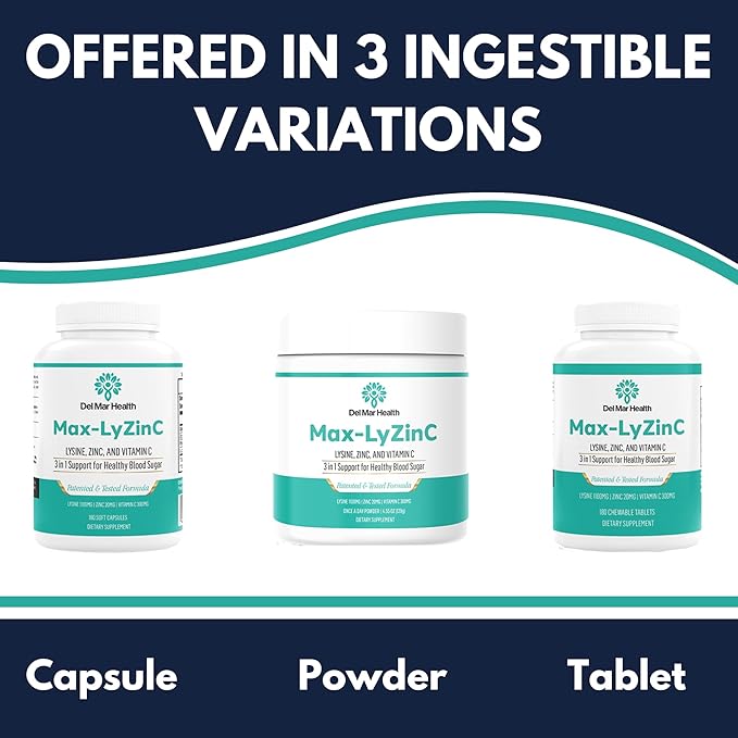 Max-LyZinC | L-Lysine 1100 mg + Zinc 6 mg + Vitamin C 100 mg - 3-in-1 Supplement for Maintaining Blood Sugar Already in The Healthy Range - One-Scoop-Per Day Powder
