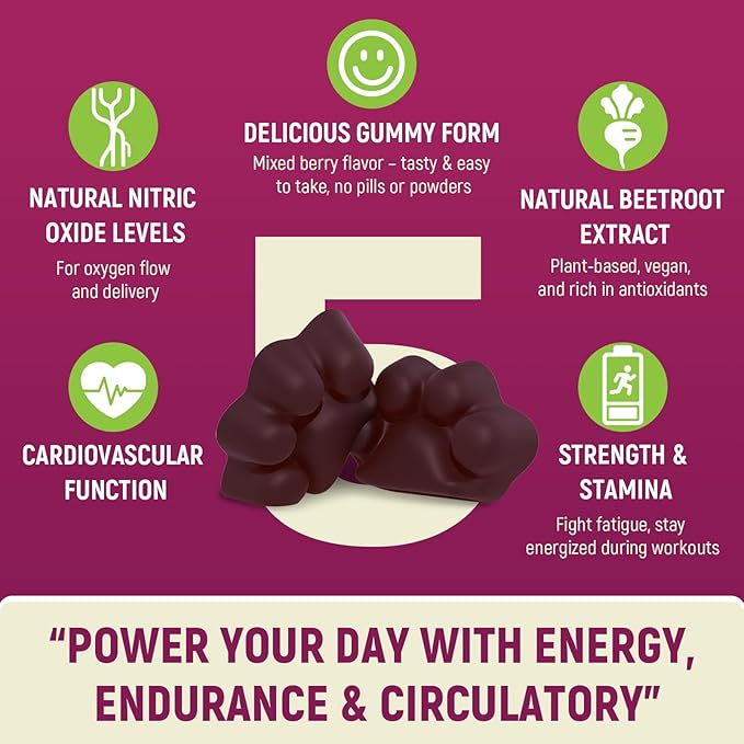 Nitric Oxide Beet Root Gummies 6000mg – Nitric Oxide Booster with Organic Beet Root, Grapeseed, Pomegranate, Vitamin C & B12 – Sugar-Free Beet Chewables Mixed Berry Flavor – 60 Gummies
