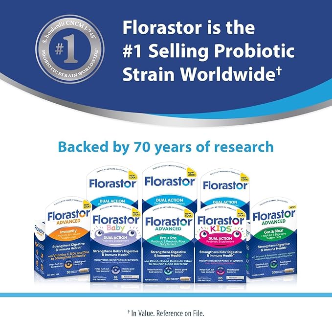 Florastor Probiotics for Digestive and Immune Health, 100 Capsules, Probiotics for Women & Men, Helps Flush Out Bad Bacteria, Boosts The Good with Our Unique Strain Saccharomyces Boulardii