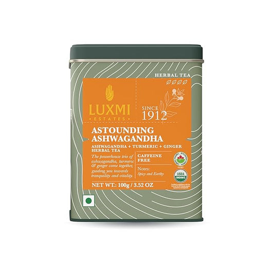 Luxmi Estates - Astounding Ashwagandha - Organic Ashwagandha Tea - Loose Leaf - 100g (50 Cups) | With Ashwagandha, Turmeric, Ginger, Lemongrass & More | Perfect Stress Relief Tea
