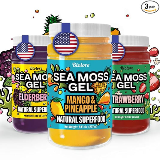 Biolore Sea Moss Gel – Wildcrafted Irish Sea Moss, Made in USA – Superfood with Essential Vitamins, Trace Minerals – Mango Pineapple, Strawberry, Elderberry – Sea Moss Starter Pack 8oz Jars (Pack of 3)
