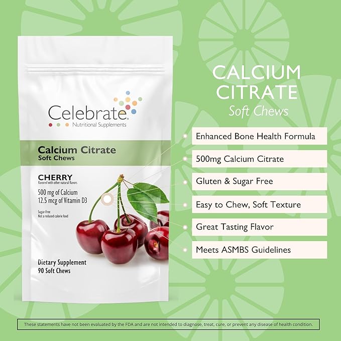 Celebrate Vitamins Bariatric 500mg Calcium Citrate Soft Chews with 500 IU Vitamin D3 – Essential for Gastric Bypass Patients & Bone Health - Sugar & Gluten Free, Cherry (90 Chews)