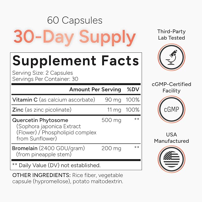 High Absorption Quercetin with Bromelain, Vitamin C and Zinc - 500mg Quercetin Phytosome - 50x More Absorption - Supports Immune Function & Cellular Health - USA Manufactured Supplement - 60 Capsules