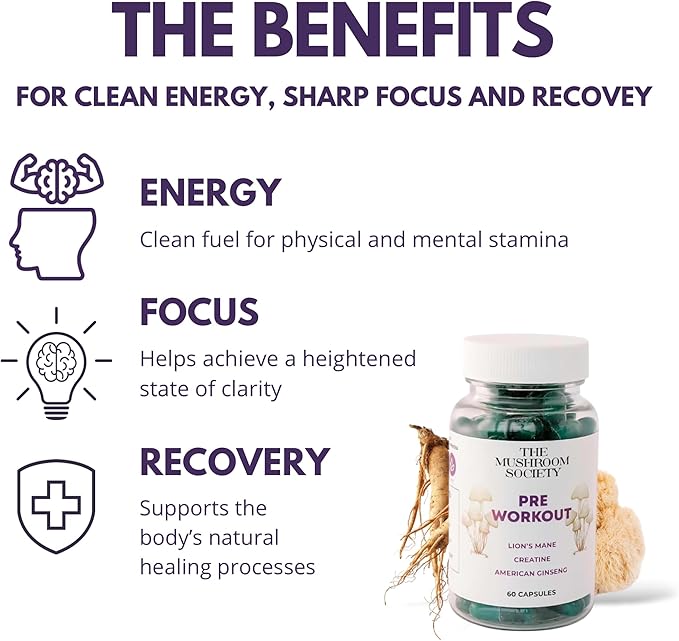 Pre-Workout Supplement - Focus & Performance Stack with Lion’s Mane, Creatine, American Ginseng & Beta-Glucans – Natural Energy & Endurance Without Caffeine - 120 Vegan Capsules