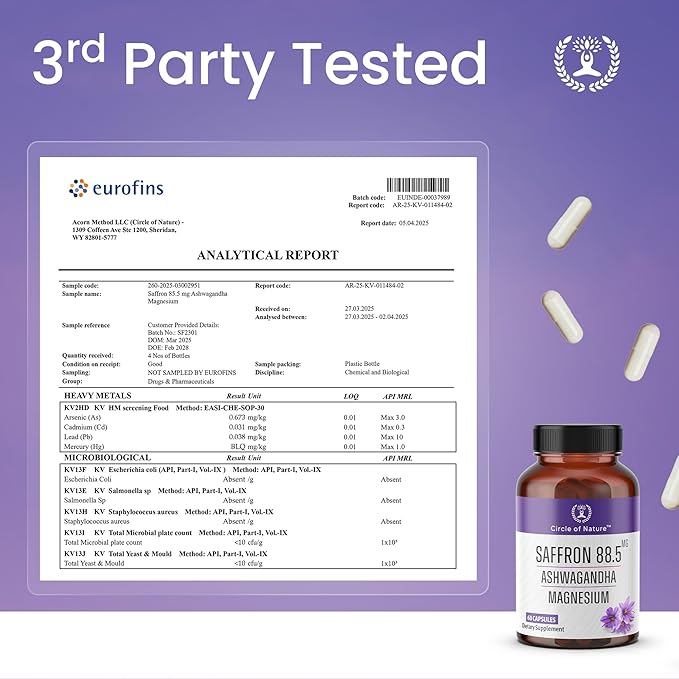 Saffron Supplement 88.5 mg with Ashwagandha & Magnesium Glycinate, Mood, Eye Health & Relaxation, 60 Clean Capsules, Saffron Stigma Extract, Made in USA