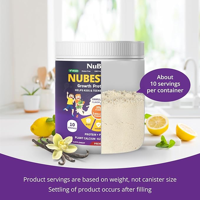 NuBest Tall Vanilla Plant-Based Protein Powder for Kids & Teens - Healthy & Immunity with Probiotics, Omega 3-6-9, Vitamin D3 + K2, Calcium & Vitamins - 10 Servings | 2 Week Supply