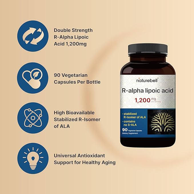 NatureBell R-Alpha Lipoic Acid, 1,200mg, 90 Veggie Capsules | Pure Stabilized R-ALA Only | High Absorption & Antioxidant Support | No S-ALA | Non-GMO, Gluten-Free