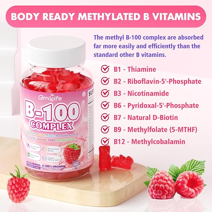 2 Pack Vitamin B Complex Gummies, All B Vitamins + Methyl B12, B1, B2, B3, B5, B6, Biotin, Methylfolate, Vitamin C, Choline, Inositol, PABA for Energy & Immune Support, Raspberry, 120 Count