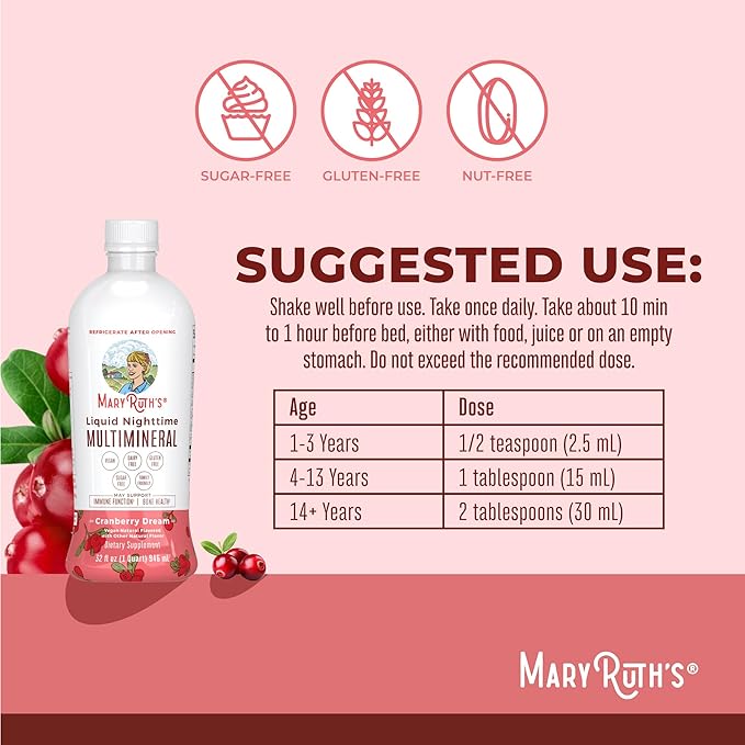 MaryRuth Organics Liquid Nighttime Multimineral | No Melatonin | Bedtime Routine | Magnesium Citrate | Calcium | Zinc | Vitamin D3| Available in 4 Flavors | Vegan | Sugar Free | Gluten Free | 32 Oz