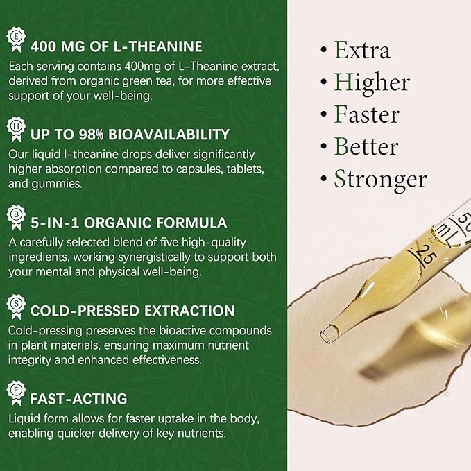 L Theanine 400mg Liquid Drops, L-Theanine Supplement for Adults & Kids with GABA, Magnesium & Ashwagandha, Natural Sleep, Focus & Relaxation Support, Vegan, Alcohol-Free, Non-GMO, 2 FL OZ