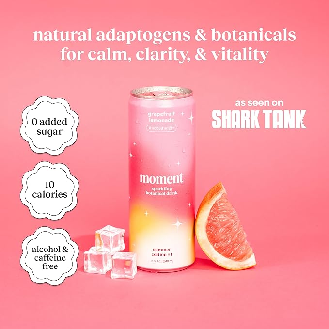 Moment Botanical Soda Soft Drink (Shark Tank) - SPARKLING Non Alcoholic Drinks | Grapefruit Lemonade | L-Theanine & Ashwagandha for Calm & Clarity | 0 Added Sugar 0 Caffeine | 12-pack
