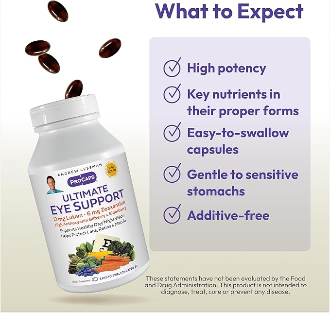 ANDREW LESSMAN Ultimate Eye Support 60 Softgels - 12mg Lutein, 6mg Zeaxanthin, Bilberry, Key Nutrients to Support Eye Health and Promote Healthy Vision. No Additives. Easy to Swallow Softgels