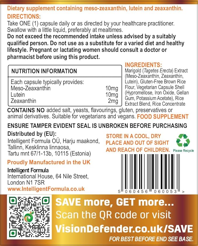 Vision Defender MAC Eye Supplement: Lutein, Zeaxanthin & Meso-Zeaxanthin Triple Antioxidant Carotenoids for Eye Health and Eyesight (90 Capsules/One Capsule Daily) Made in UK