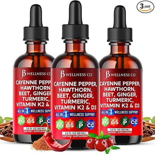 Cayenne Pepper Supplement Liquid Drops + Hawthorn Berry, Vitamin D3 K2 Beet Root Powder, Ceylon Cinnamon, Turmeric Curcumin, Organic Panax Ginseng - 6oz