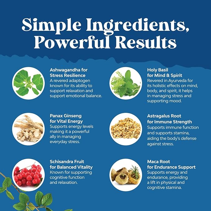 Herbal Adaptogen Mood Support Supplement - Calming Adaptogens Supplement for Stress & Cortisol Management with Ashwagandha Rhodiola Rosea & Maca Root - Vegan Non GMO & Daytime Friendly - 60ct