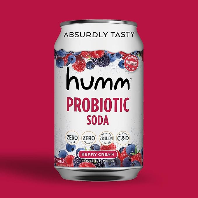 Humm Sparkling Probiotic Berry Cream Soda, Zero Sugar, Zero Calorie, 2 Billion Probiotics, Vitamin C, D, and B12, 12 fl oz (12 Pack)