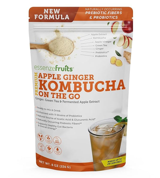 Essenzefruits Apple Ginger Kombucha Powder Tea Mix Beverage – Sugar Free, Fermented & Dried - Just Add Water! Live Probiotics & Prebiotic Blend, Vitamin C - Makes up to 30 Cups (8 Oz, 226g)