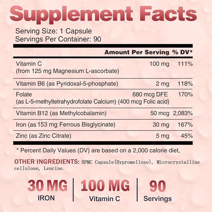 Iron Supplements for Women Men, Vegan Iron Bisglycinate 30mg Plus Vitamin C, B12, Folic Acid - Iron Pills for Anemia, Health Blood & Energy Support - Gentle, High Absorption, Non-GMO - 90 Capsules