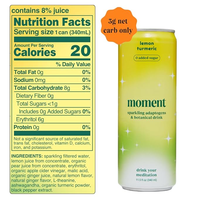 Moment Botanical Soda Soft Drink (Shark Tank) - SPARKLING Non Alcoholic Drinks | Lemon Turmeric | | L-Theanine & Ashwagandha for Calm & Clarity | 0 Added Sugar 0 Caffeine | 12-pack