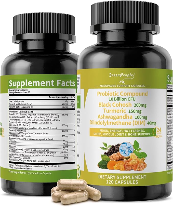 Menopause Supplements for Women - Black Cohosh & Ashwagandha for Hot Flashes, Night Sweats, Mood Swings, Hormonal Balance Support,10 Billion CFU Probiotic - 120(2 Packs) Capsules Vegan