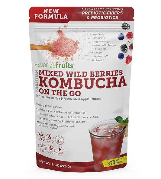 Essenzefruits Red Berries Kombucha Powder Tea Beverage – Sugar Free, Fermented & Dried - Just Add Water! Live Probiotics & Prebiotic Blend, Vitamin C - Makes up to 30 Cups (8 Oz)