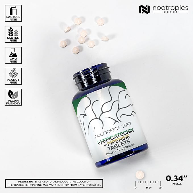 Nootropics Depot Epicatechin Tablets | 200mg (−)−Epicatechin + 6mg Piperine for Bioavailability | Green Tea Extract | Promotes Muscle Mass, Cardiovascular Health, and Energy | 90 Count