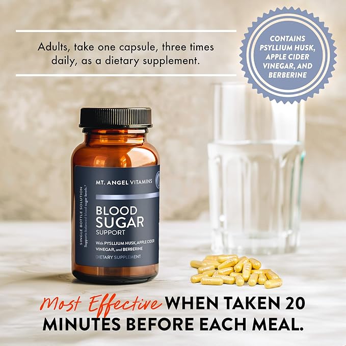Mt. Angel Vitamins Blood Sugar Support Supplement - Natural Supplement with Pysllium Husk, Berberine with Ceylon Cinnamon, and Apple Cider Vinegar - Supports Healthy Blood Sugar Levels - 60 Capsules