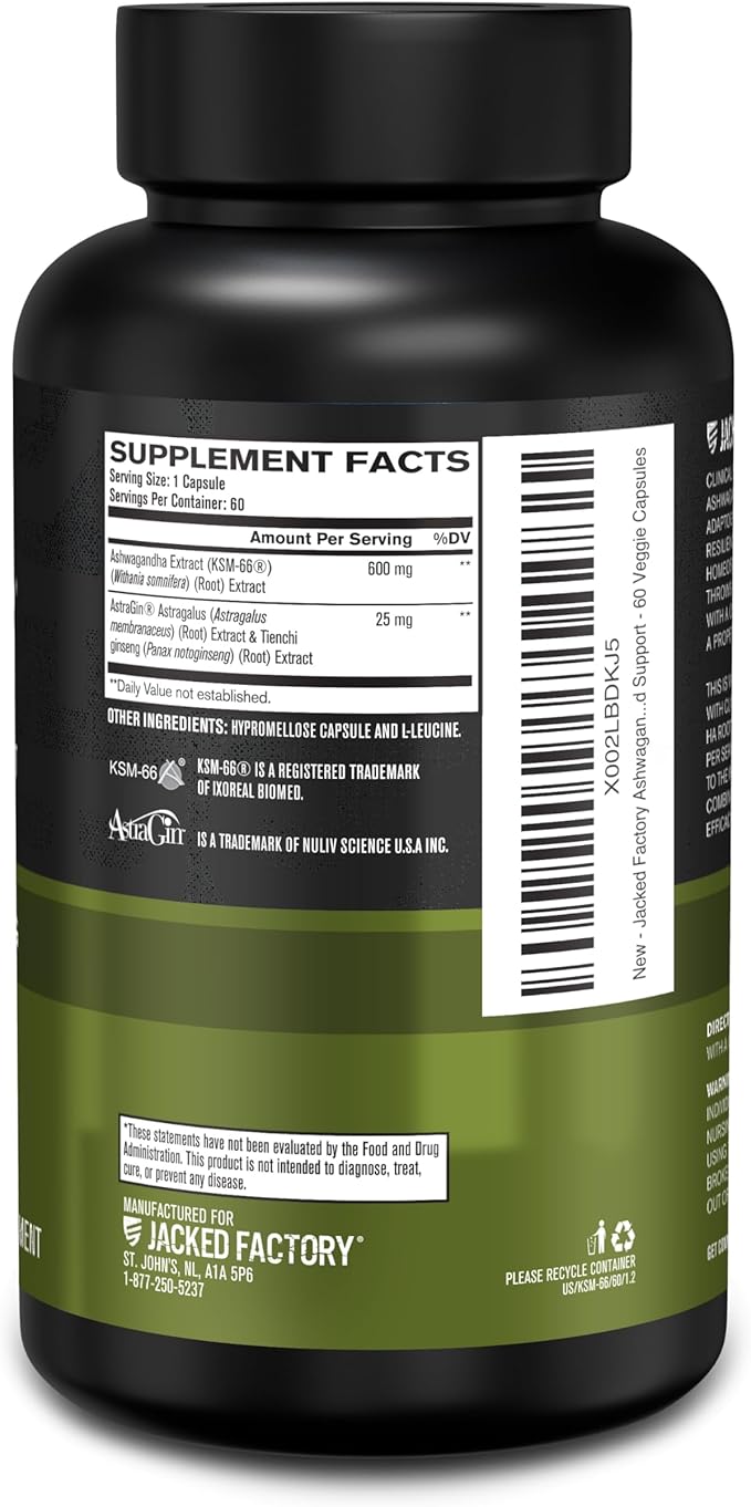 Jacked Factory Ashwagandha Root Extract (KSM-66 Ashwagandha) w/ 5% Withanolides - Supplement for Natural Stress Relief, Cognitive Function, Vitality, and Mood Support - 60 Veggie Capsules