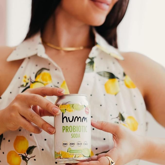 Humm Sparkling Probiotic Lemon Lime Soda, Zero Sugar, Zero Calorie, 2 Billion Probiotics, Vitamin C, D, and B12, 12 fl oz (Pack of 12)