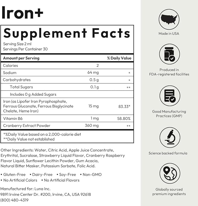 BIGVITA Iron+ | High Absorption Supplement with Microencapsulated Iron Drops + Folate, B6 & Cranberry Extract | No Metallic Taste, Mixed Berry Flavor, Gentle on Stomach | Energy & Hormonal Support